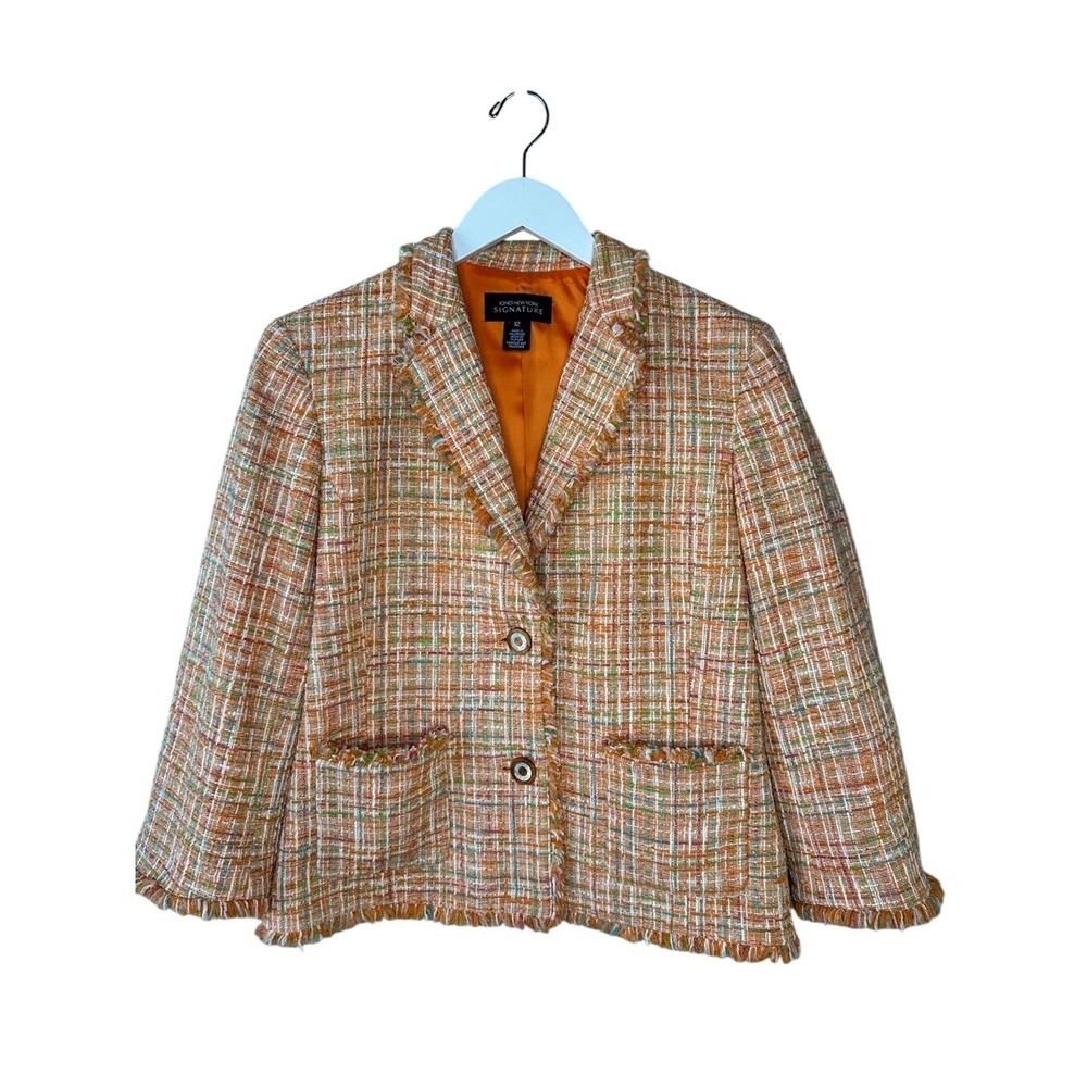 Jones New York Signature Women's Tweed Blazer Jacket Size 12 Orange Green White